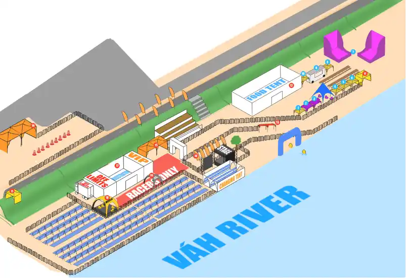 Ilustračná mapa areálu Slovakman s očíslovanými bodmi Expo zóny a areálu